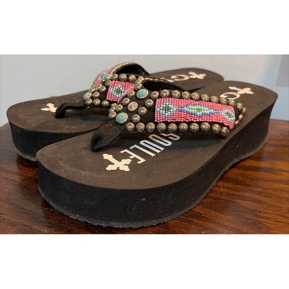 Womens Gypsy Soule Black Wedge Flip Flops Beaded Pink & Turquoise Strap Sz 9 - Picture 1 of 8